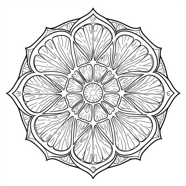 Black and white line art mandala constructed from overlapping orange and lime citrus slice outlines on a plain white