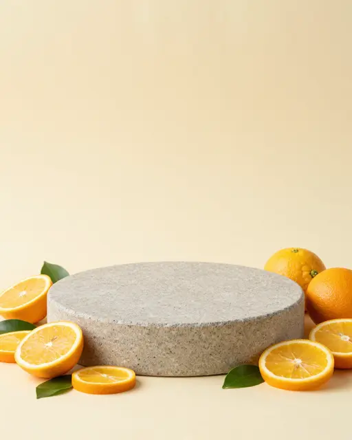 Round gray stone display podium surrounded by fresh orange slices and green leaves on a pale yellow background