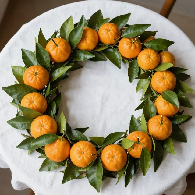 An overhead view of a fresh wreath of green citrus leaves and whole tangerines resting on a white linen tablecloth.