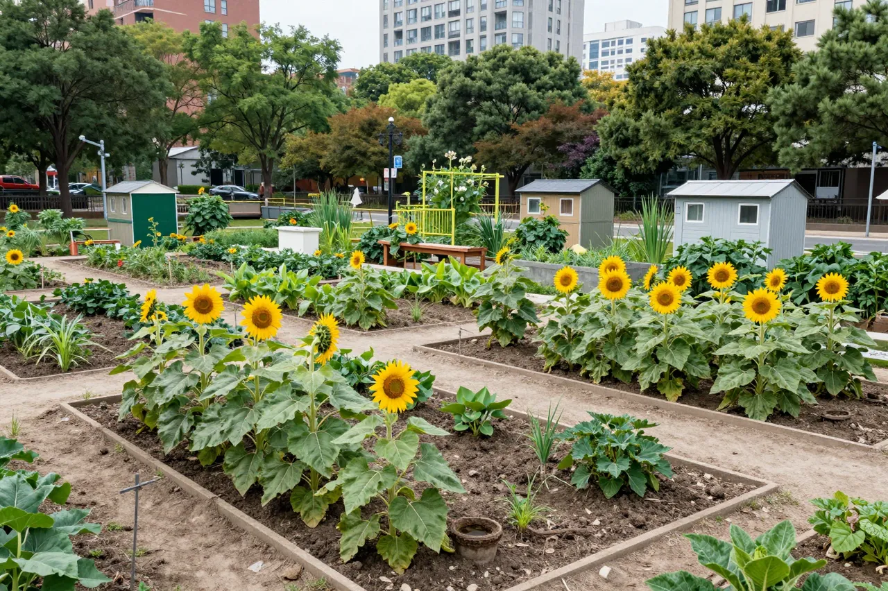 Raised community garden beds with sunflowers and small sheds sit in an urban city park