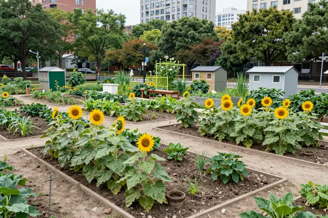 Raised community garden beds with sunflowers and small sheds sit in an urban city park