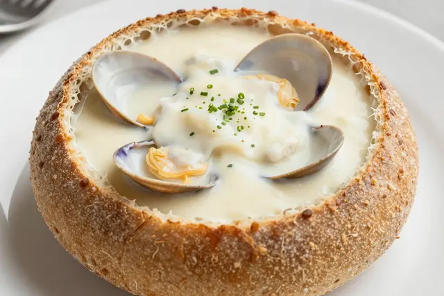 Creamy clam chowder garnished with chives served in a rustic sourdough bread bowl on a white plate