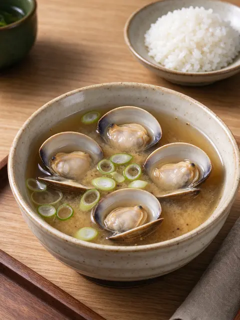 Handmade ceramic bowl of clam miso soup with scallions, served alongside a small dish of cooked rice on a wooden table