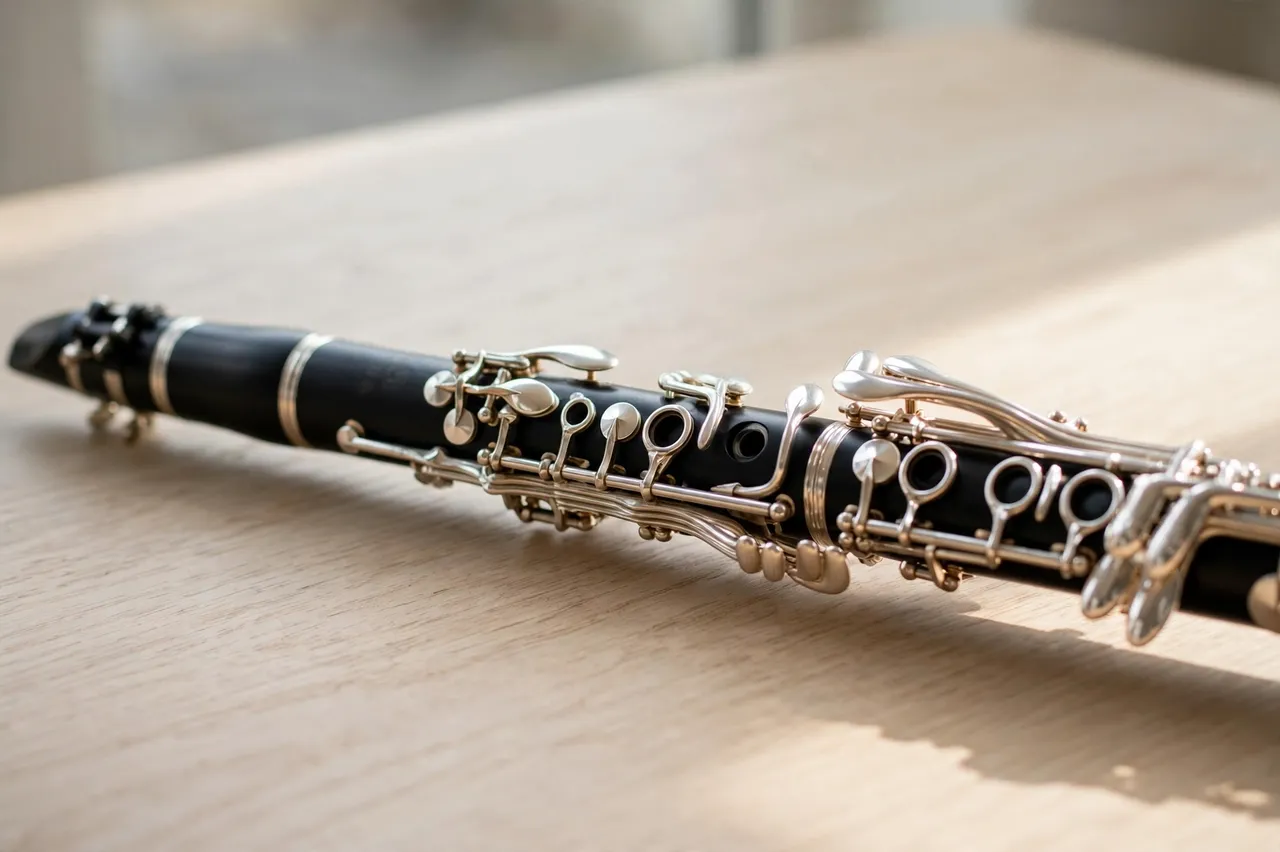A black clarinet with silver keys rests on a pale oak table lit by soft window light.