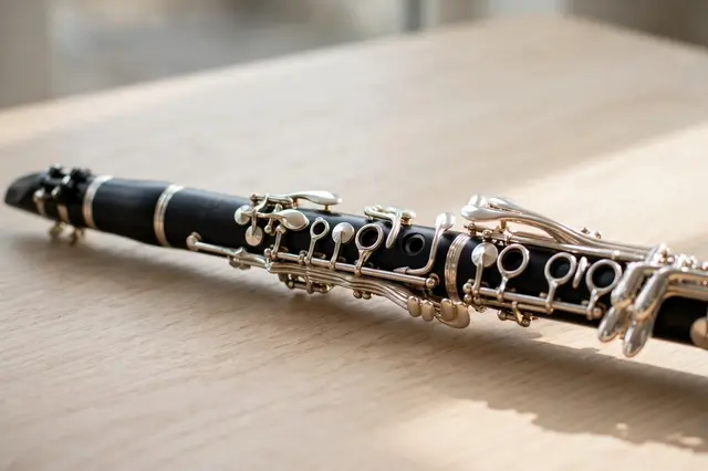 A black clarinet with silver keys rests on a pale oak table lit by soft window light.