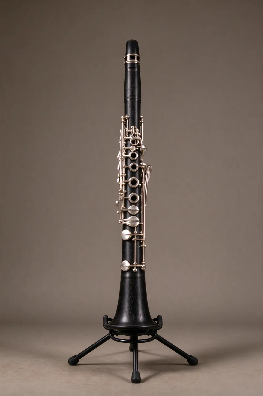 A black clarinet with silver keys sits upright on a small black stand against a warm gray plain background.