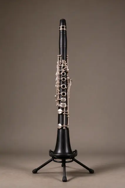 A black clarinet with silver keys sits upright on a small black stand against a warm gray plain background.