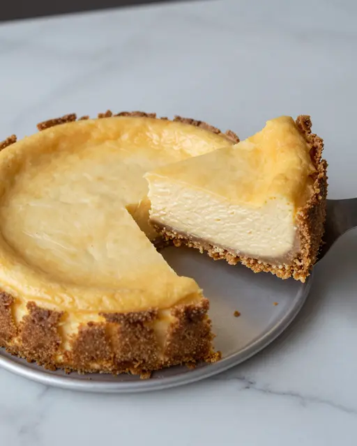 Whole baked cheesecake with one serving lifted on a metal spatula over a marble countertop