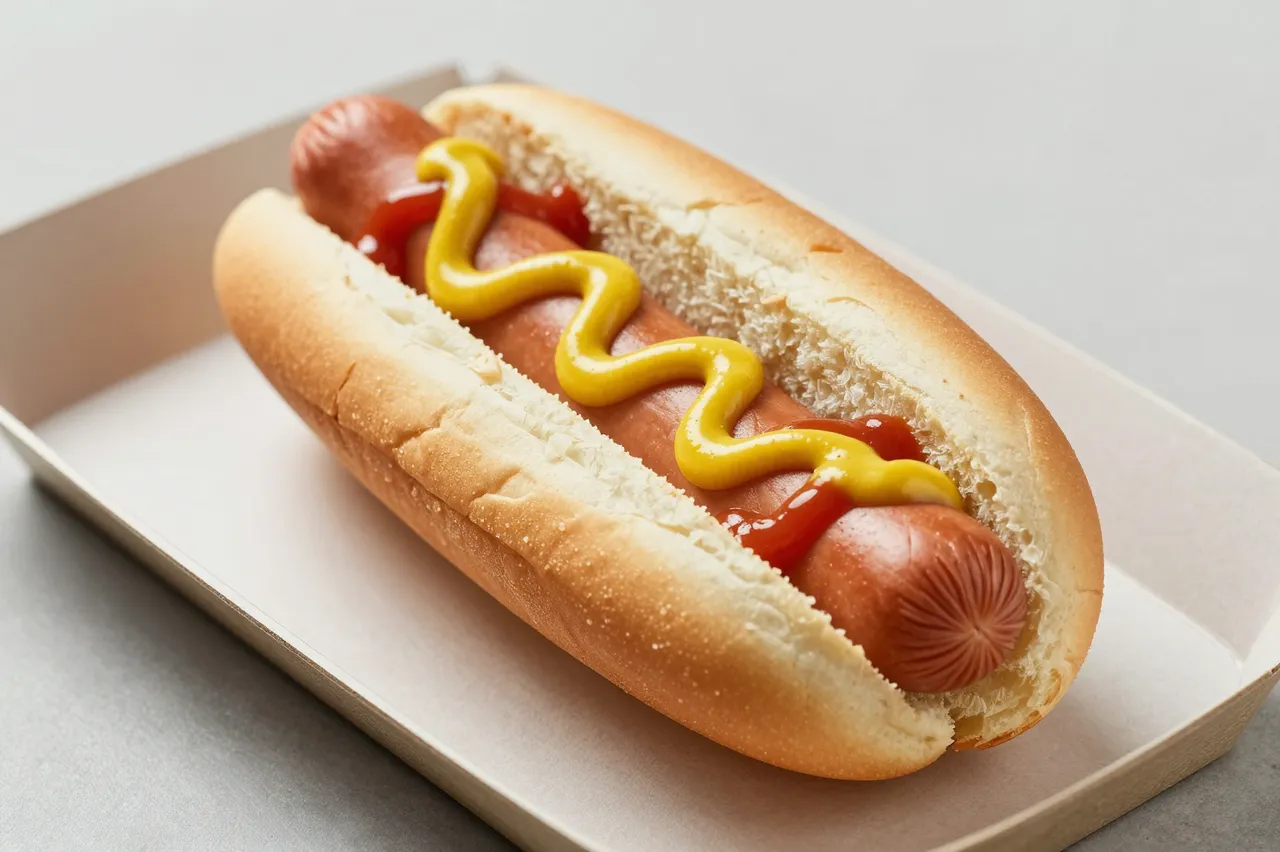 A hot dog in a soft bun topped with zigzag yellow mustard and ketchup sits on a plain paper tray.