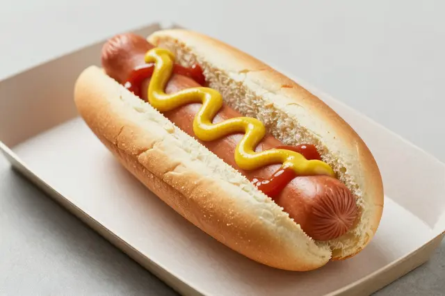 A hot dog in a soft bun topped with zigzag yellow mustard and ketchup sits on a plain paper tray.
