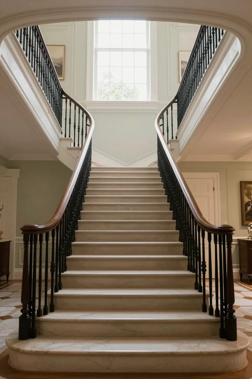 Symmetrical curved grand staircase with marble treads rises in a traditional mansion interior