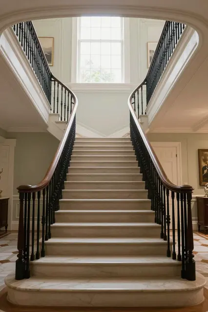 Symmetrical curved grand staircase with marble treads rises in a traditional mansion interior