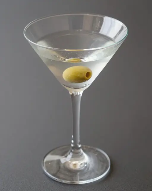 A chilled clear martini glass holds a martini garnished with a single green olive against a dark gray background
