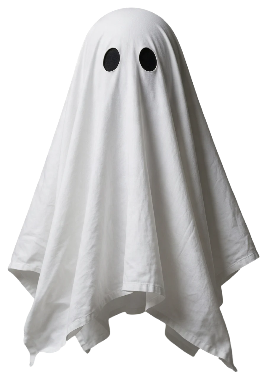 A cute floating classic bedsheet ghost with round black eye holes and soft fabric folds