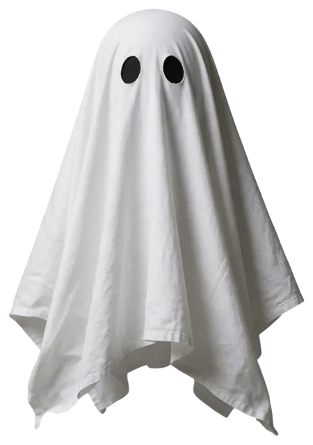 A cute floating classic bedsheet ghost with round black eye holes and soft fabric folds
