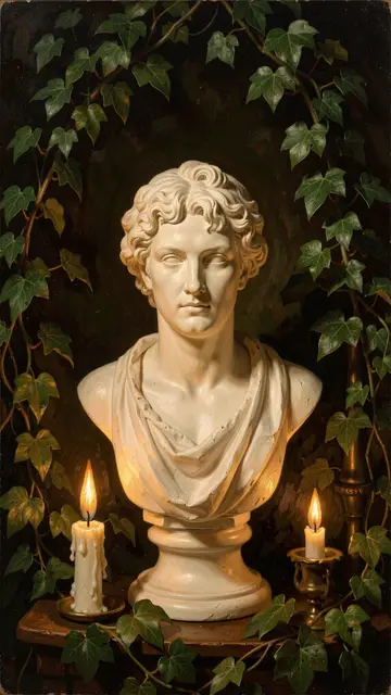 A cream plaster classical bust sits between lit candles framed by ivy in low warm candlelight.