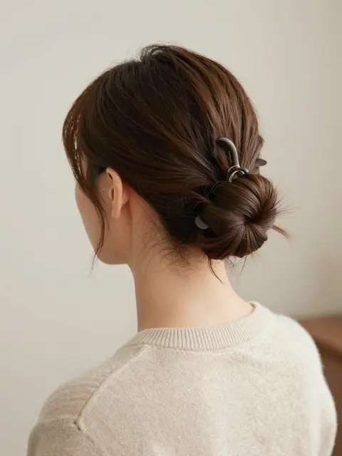 Back view of a woman with a twisted claw clip updo wearing a soft beige knit sweater