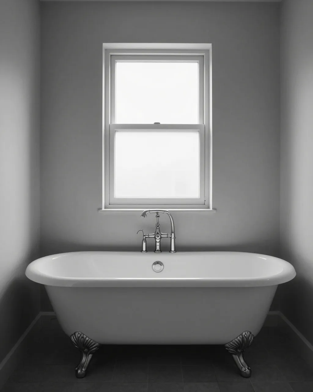 A white clawfoot bathtub sits centered beneath a small double-hung window in a minimalist bare bathroom.