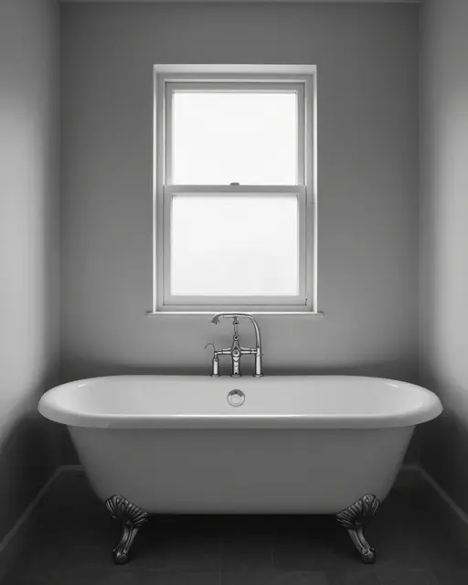 A white clawfoot bathtub sits centered beneath a small double-hung window in a minimalist bare bathroom.