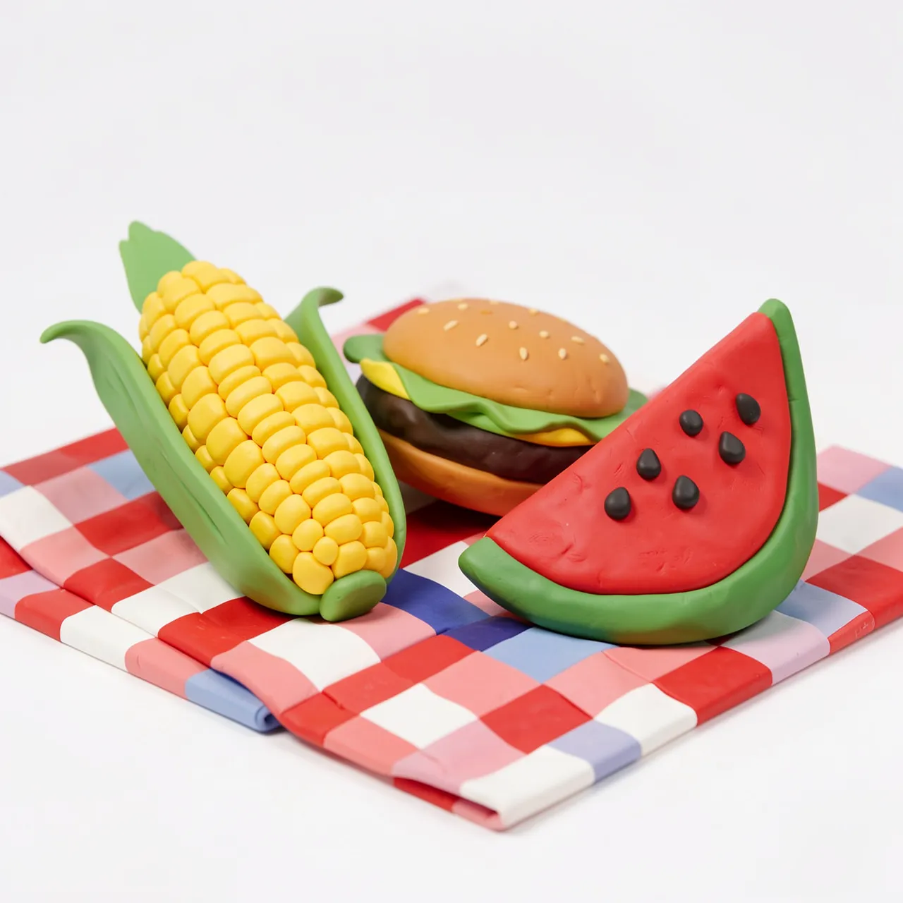 Cute handmade clay 3D render of corn on the cob, a burger and watermelon slice arranged on a checkered picnic blanket