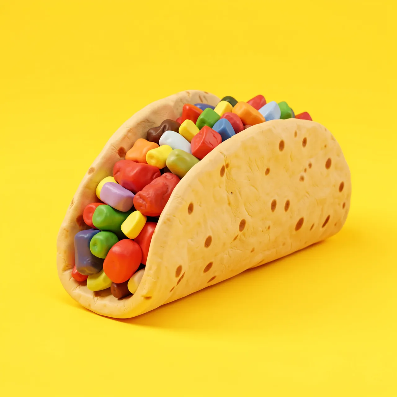 Playful clay-style 3D render of a filled taco set against a bright solid yellow background