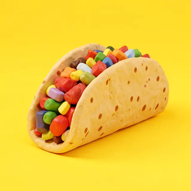 Playful clay-style 3D render of a filled taco set against a bright solid yellow background