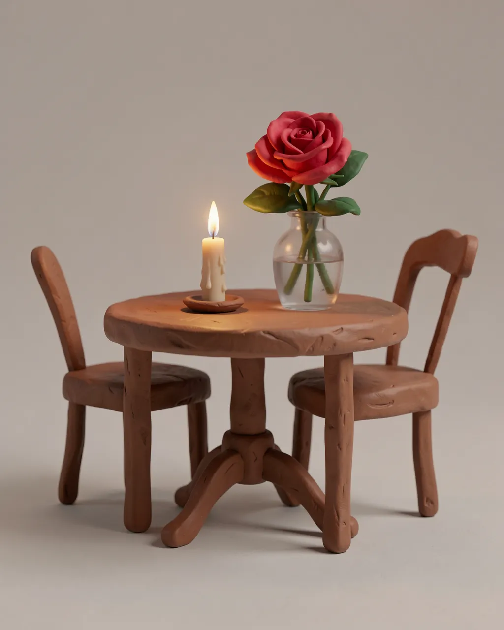 3D clay render of a tiny round table with two chairs, a lit candle, and a single red rose in a glass vase
