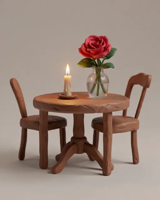 3D clay render of a tiny round table with two chairs, a lit candle, and a single red rose in a glass vase