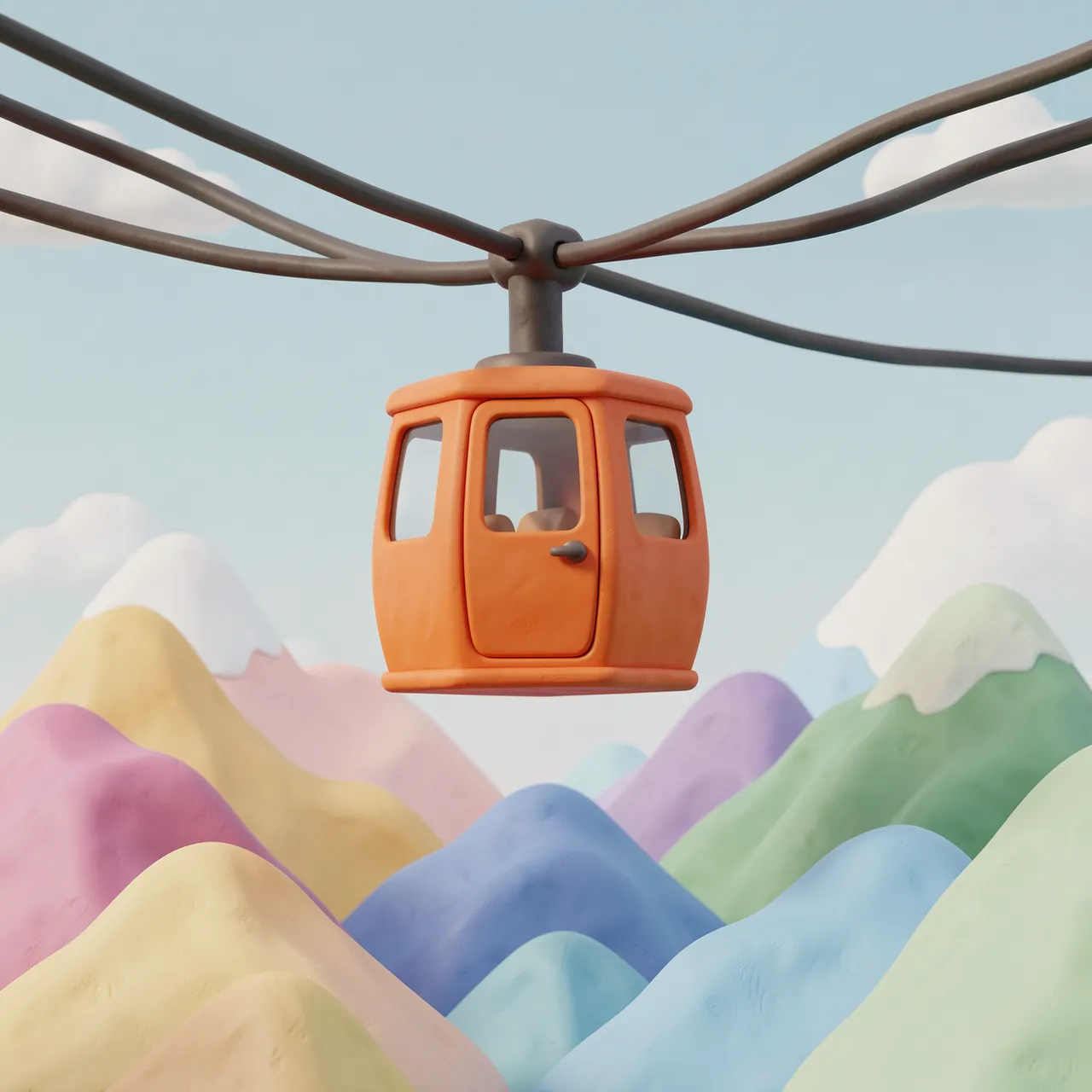 Orange clay-style cable car hangs from wires above soft pastel colored mountains under a pale blue sky.
