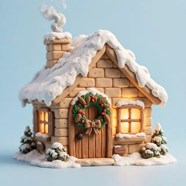 3D clay render of a cozy snowy Christmas cottage with glowing windows and a holiday wreath on a pastel blue background