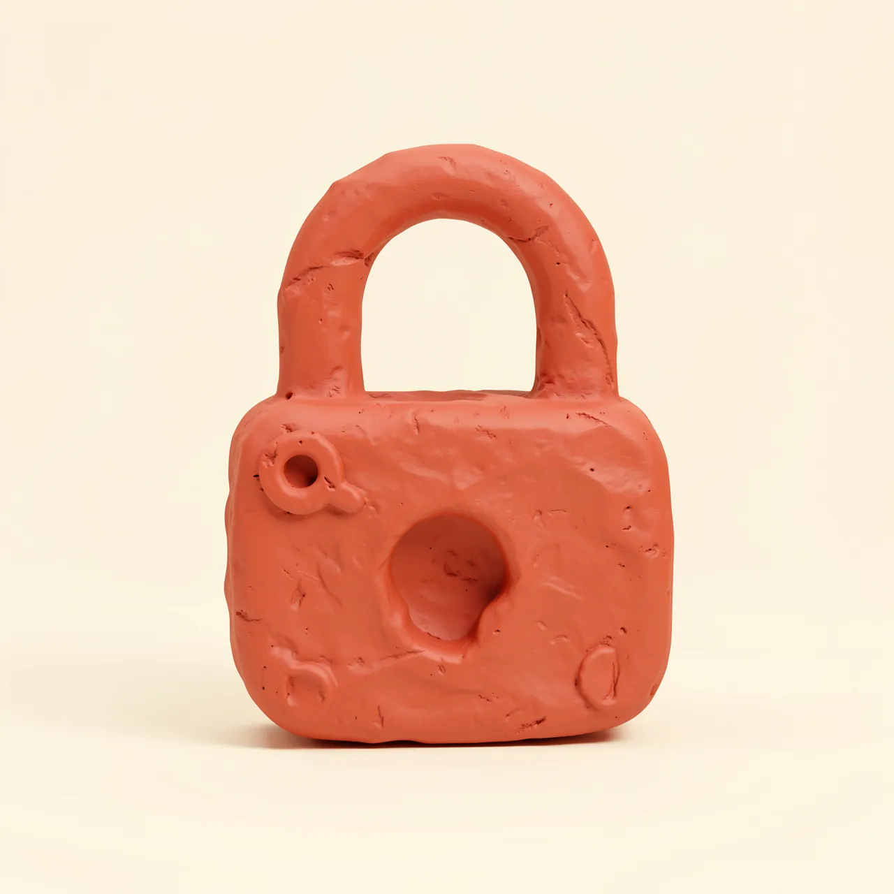 A chunky hand-textured coral clay padlock stands against a soft cream background