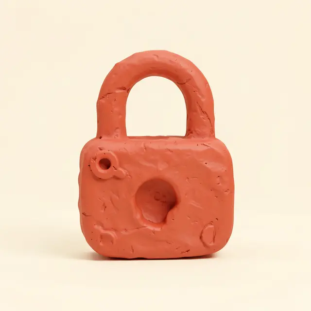 A chunky hand-textured coral clay padlock stands against a soft cream background