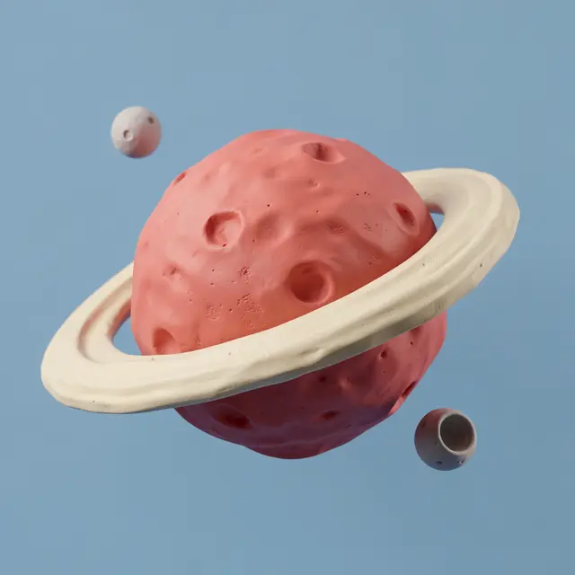 Matte clay 3D render of a cratered pink ringed planet orbited by two tiny moons against a soft light blue backdrop