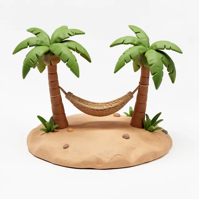 Smooth clay-style 3D render of a tiny sandy island with a hammock strung between two palm trees