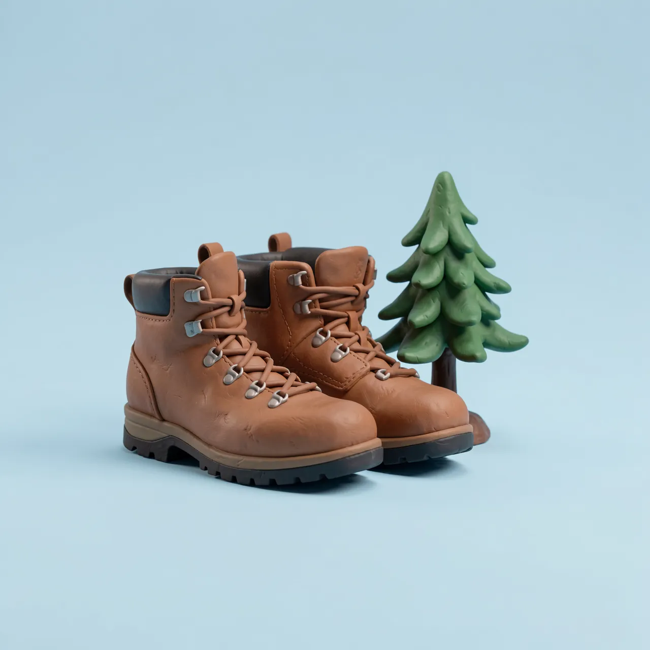 3D clay rendered hiking boots next to a tiny pine tree on a pale blue empty background