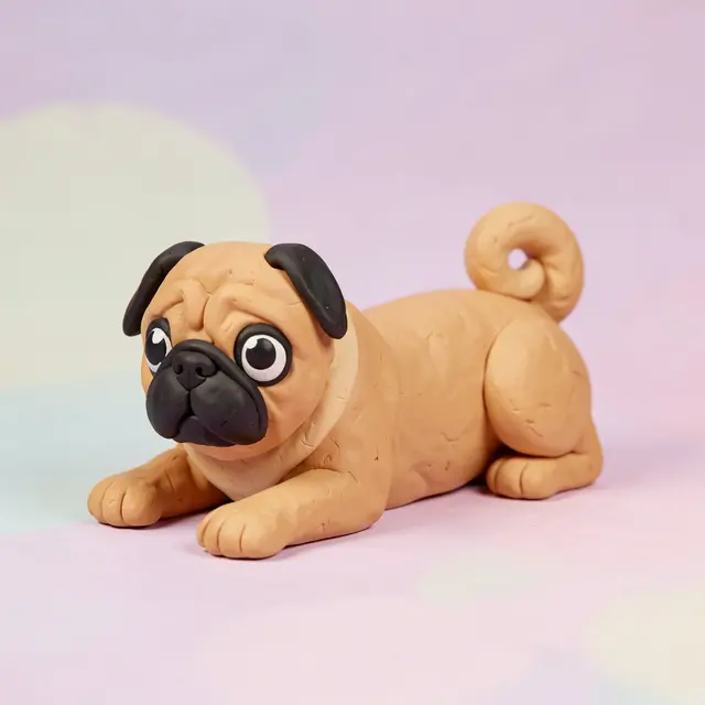 Plasticine 3D render of a cute fawn pug lying prone against a soft pastel backdrop