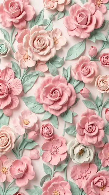 Textured sculpted clay flowers in soft pink and mint arranged as a vertical decorative wallpaper pattern