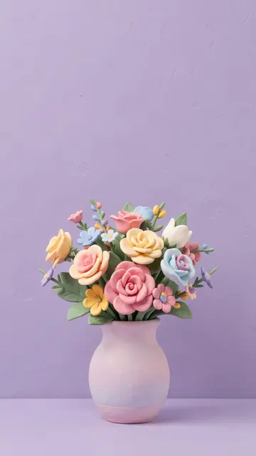 A 3D clay pastel flower bouquet in a gradient vase sits against a lilac empty background with copy space.