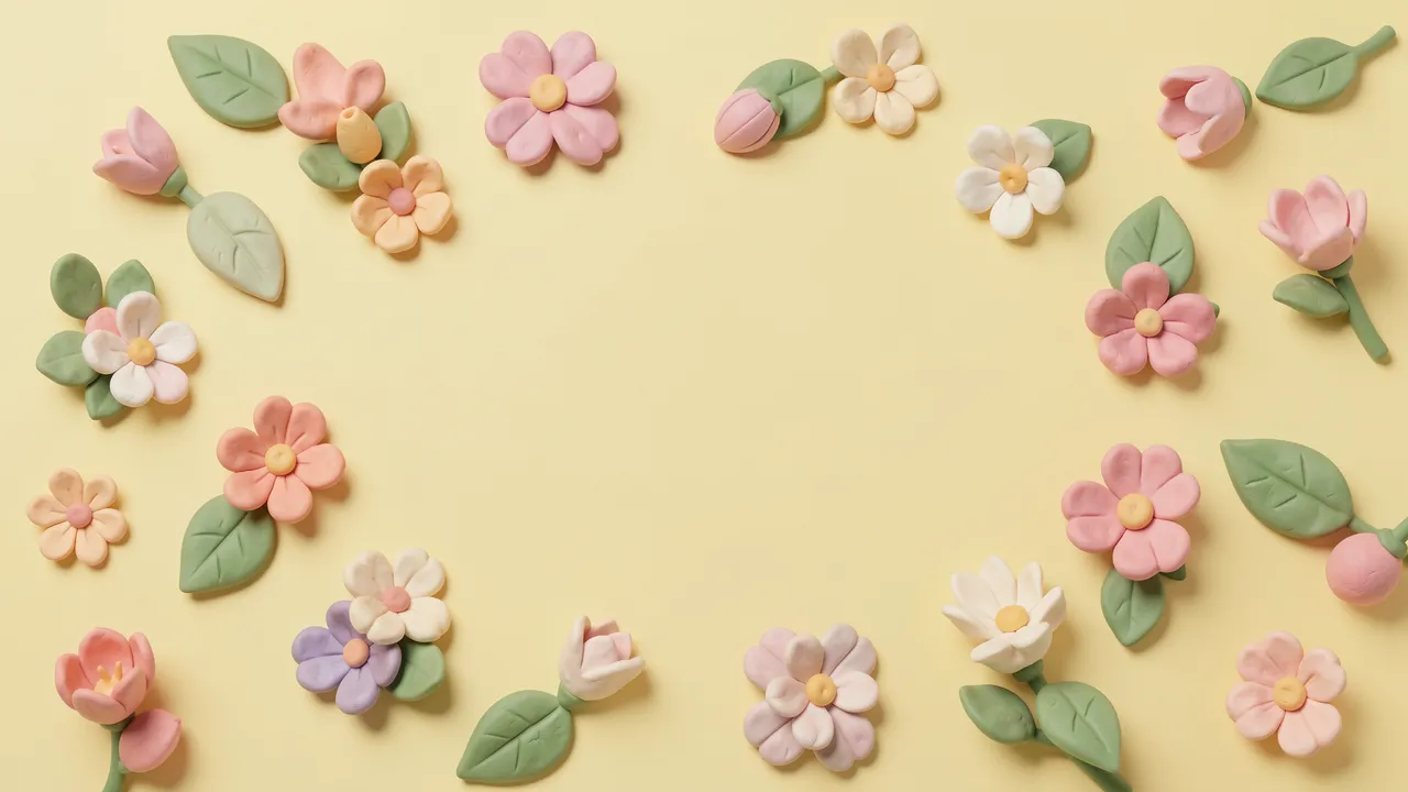 Handmade 3D clay flowers and leaves form a decorative border around a blank pastel yellow background