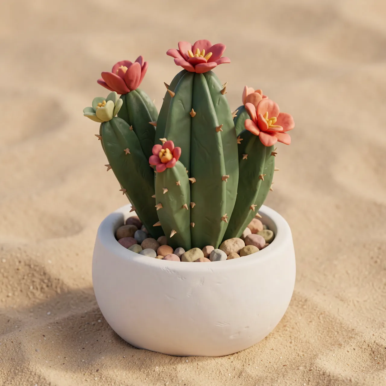 Clay style 3D render of a flowering cactus in a round white pot on a sandy surface