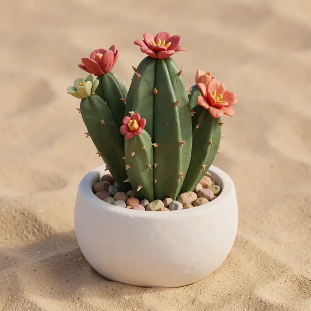 Clay style 3D render of a flowering cactus in a round white pot on a sandy surface