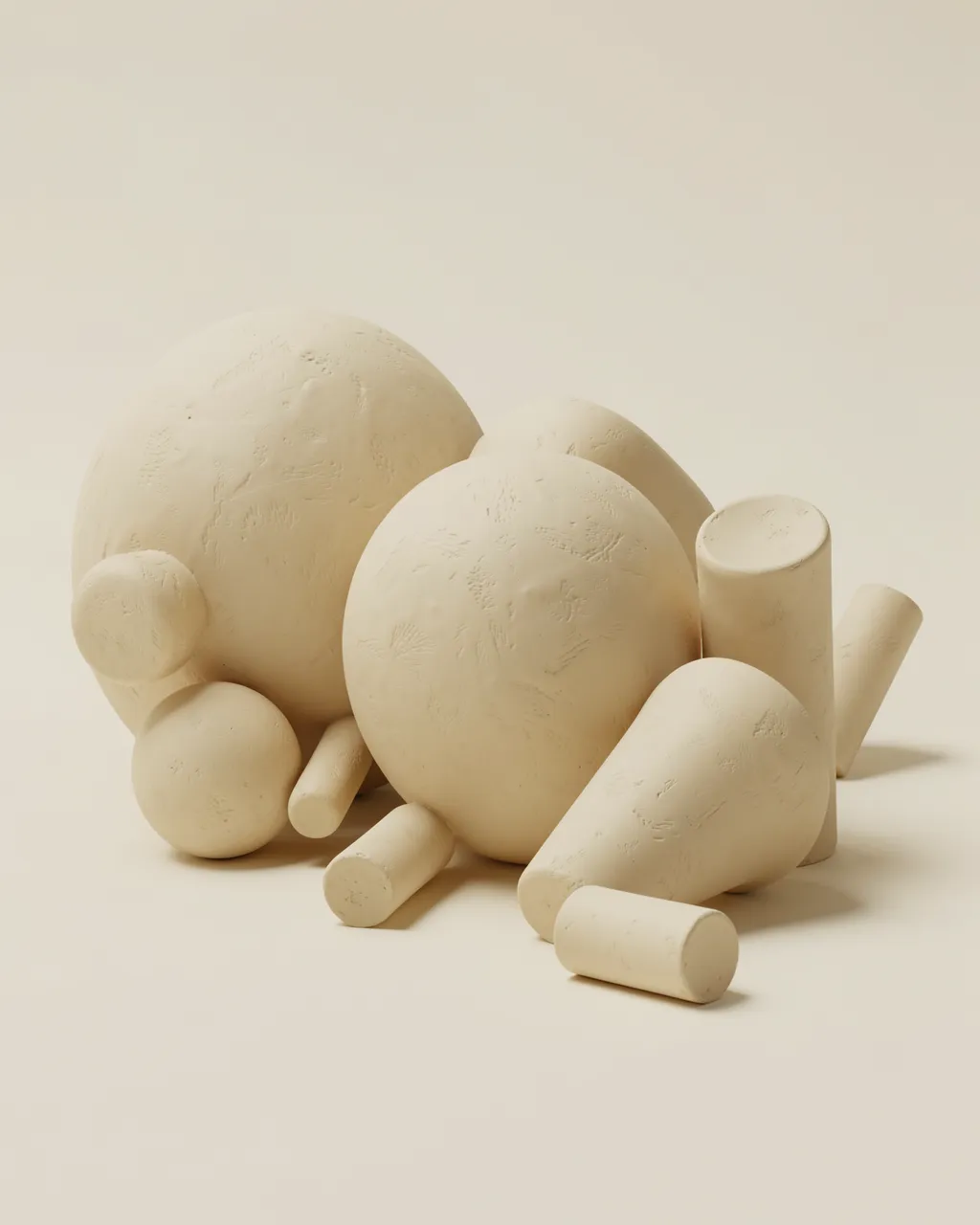 Textured cream clay spheres, cylinders and cones arranged in a minimalist 3D still life