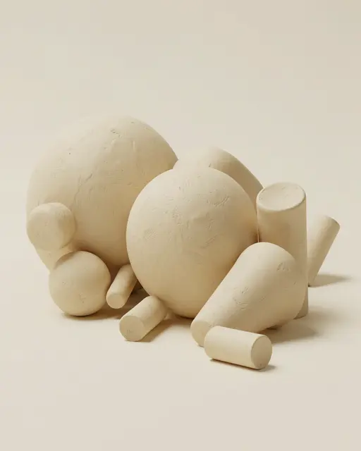 Textured cream clay spheres, cylinders and cones arranged in a minimalist 3D still life