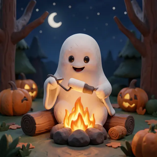 A cute clay style 3D ghost roasts a marshmallow over a campfire on Halloween night