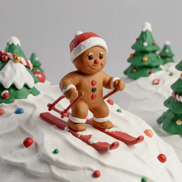3D clay render of a gingerbread man in a Santa hat skiing down a frosting hill surrounded by decorated Christmas trees