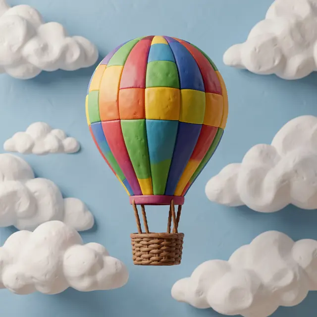 Patchwork clay style 3D hot air balloon floats among puffy clay clouds on a soft light blue sky