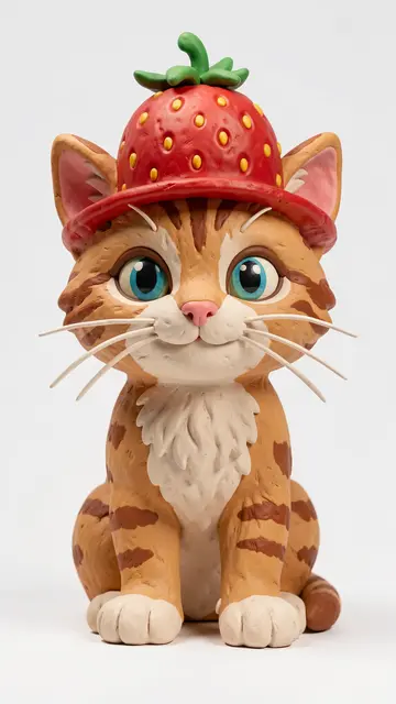 Cute 3D clay illustration of an orange tabby kitten wearing a strawberry shaped hat against a plain light background
