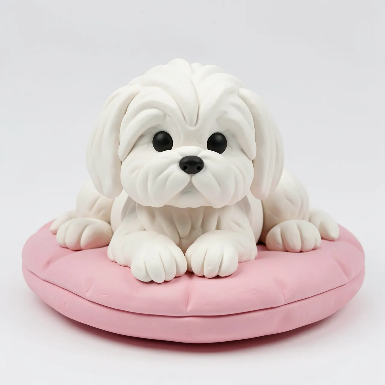 Cute clay 3D render of a white Maltese puppy lying on a round pastel pink cushion