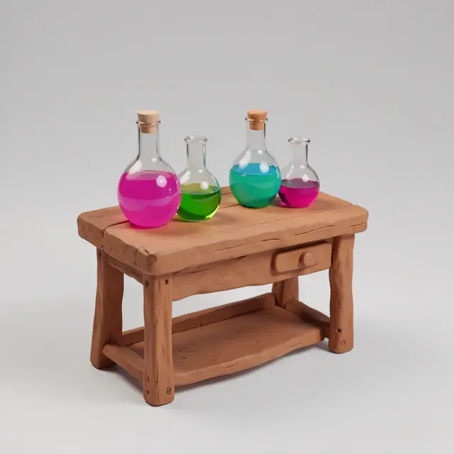 Clay style 3D render of a tiny lab bench holding four glass flasks of vibrant colored liquids
