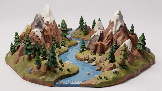 Handmade clay 3D diorama of a mountain scene with a winding river and pine trees against a plain white background